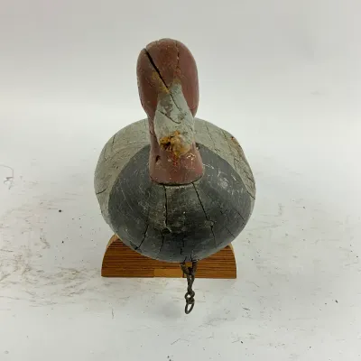 3655 Vintage Hand-Carved Wooden Duck Decoy with Display Stand – Heavily Weathered