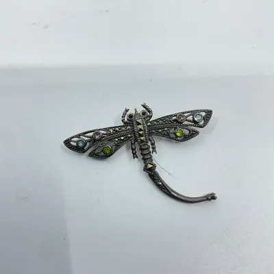 3023 Sterling Silver Marcasite & Multi-Stone Dragonfly Brooch – 7.2g