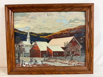 Vintage Signed JKP Winter Landscape Oil Painting - Red Barn & Church