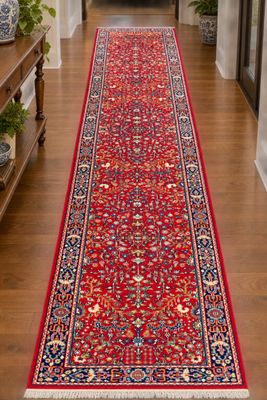 Traditional Persian-Style Red and Blue Wool Runner Rug