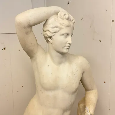 Classical-Style Carved Marble Male Nude Sculpture on Composite Pedestal