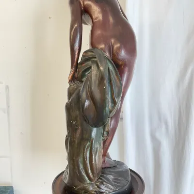 Art Nouveau Style Female Nude Sculpture with Drapery on Wooden Pedestal Stand