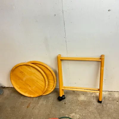 3615 Vintage Mid-Century Modern 2-Tier Wood Rolling Bar / Serving Cart with Removable Round Trays