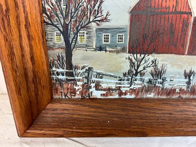 Vintage Signed JKP Winter Landscape Oil Painting - Red Barn & Church