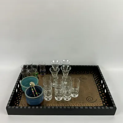 3611 Assorted Cocktail & Barware Lot with Decorative Serving Tray, Glasses & Pottery Bowls