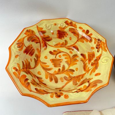 Italian Ceramic Serving Bowl, Covered Tureen, Crab Ramekins & Linens