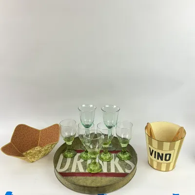 3616 Vintage Barware Lot – Green Stem Glasses, Drinks Tray & Vino Bucket