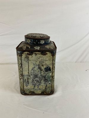 Antique Lithographed Tin Tea Caddy with Dutch Genre Scenes