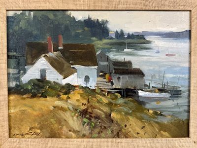 Don Stone Signed Original Coastal Harbor Oil Painting in Gilt Frame