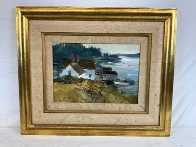 Don Stone Signed Original Coastal Harbor Oil Painting in Gilt Frame