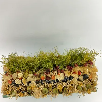3629 Large Dried Floral & Botanical Arrangement in Green Wooden Planter