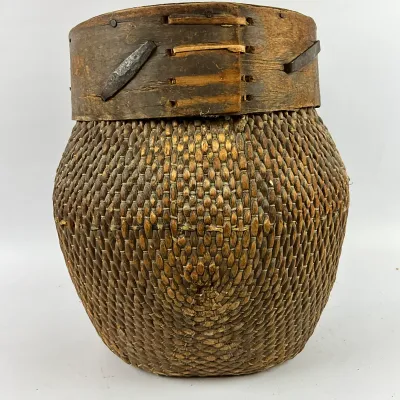 3640 Antique Chinese Woven Reed River Basket with Wood Rim & Iron Rings