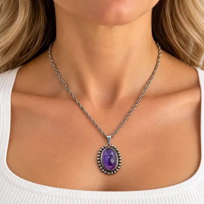 3020 Taxco Mexico Sterling Silver Carved Amethyst Face Pendant Necklace