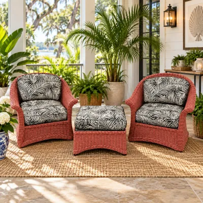 3610 3-Piece Vintage Coral Wicker / Rattan Lounge Chair & Ottoman Set with Palm Leaf Cushions