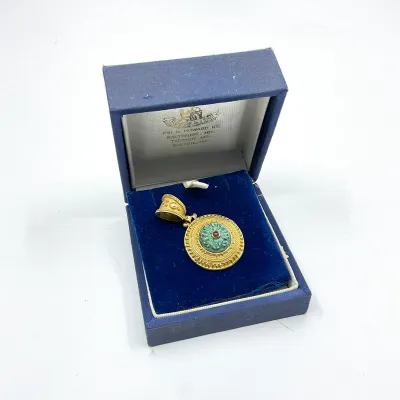 3009 18K Yellow Gold Byzantine Revival Ruby & Green Stone Medallion Pendant – 12.3g
