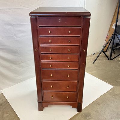 3693 Vintage Standing Wooden Jewelry Armoire with Mirror and Keys
