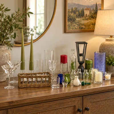 3628 Large Glass Home Décor & Candleholder Lot with Lantern