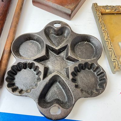 Vintage Kitchenware & Home Decor Lot - Cast Iron, Wood, Tin