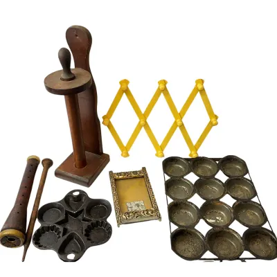 Vintage Kitchenware & Home Decor Lot - Cast Iron, Wood, Tin