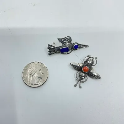 3032 Pair Sterling Silver Figural Brooches – Bird & Coral Bug Pins
