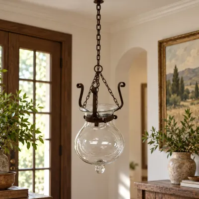 3639 Vintage Hanging Glass Lantern / Planter with Wrought Iron Chain