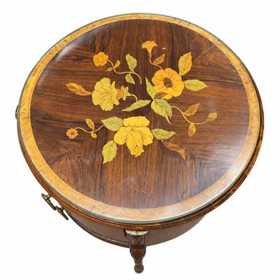 Vintage Inlaid Floral Marquetry Oval Side Table with Drawers