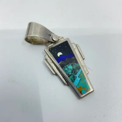 3019 Mark Jimenez Apache/Comanche Sterling Silver Landscape Inlay Pendant