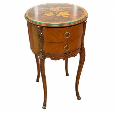 Vintage Inlaid Floral Marquetry Oval Side Table with Drawers