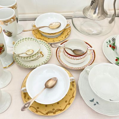 Assorted Antique Ceramic & Glass Tableware Set with Decanter and Tureen
