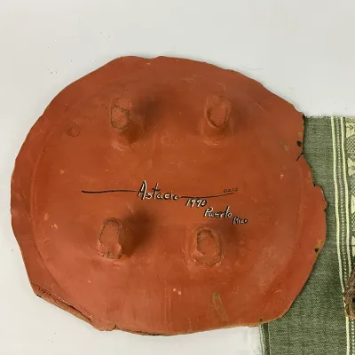 3613 Signed Astacio 1990 Puerto Rico Hand-Painted Fish Pottery Platter with Textile & Cholla Wood