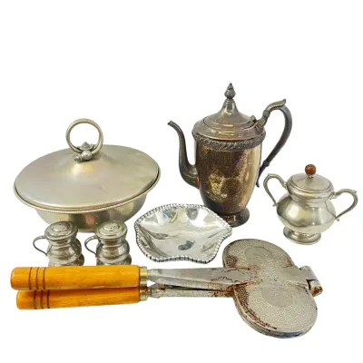 Vintage Metalware Lot with Vitantonio Pizzelle Maker & Silverplate Teapot