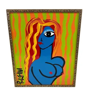 3687 Pulgini Signed Original Pop Art Painting – Blue Female Nude Portrait