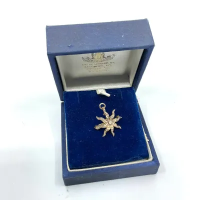 3006 Antique 14K Gold Seed Pearl & OEC Diamond Starburst Brooch/Pendant