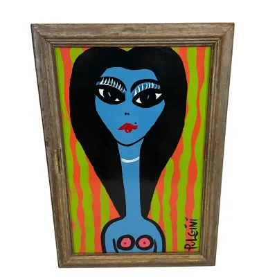 3685 Pulgini Signed Original Pop Art Painting – Blue Woman Portrait