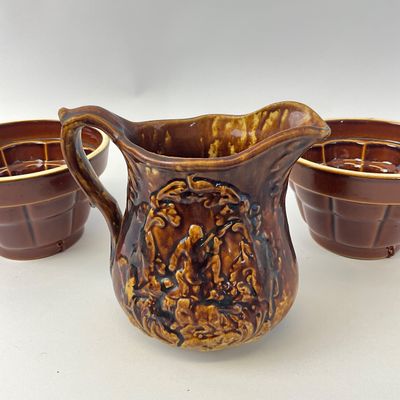 Vintage McCoy Pottery Brown Glaze Pitcher & Acorn Jelly Molds - 3 Piece Set