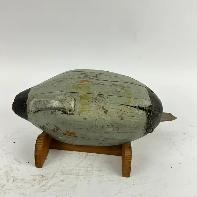 3655 Vintage Hand-Carved Wooden Duck Decoy with Display Stand – Heavily Weathered
