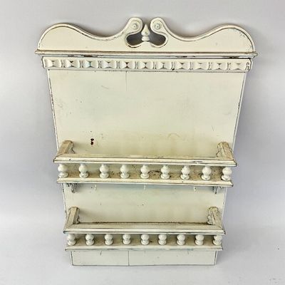 Vintage Shabby Chic White Painted Wooden Wall Shelf with Spindle Railings