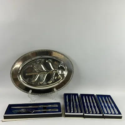 3630 Vintage Silver-Tone Serving Platter & Boxed Steak/Carving Knife Sets