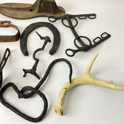Vintage & Antique Cast Iron Farm Tools, Horse Tack & Cobbler Last Grouping
