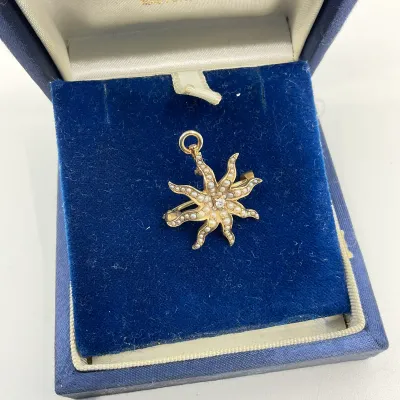 3006 Antique 14K Gold Seed Pearl & OEC Diamond Starburst Brooch/Pendant