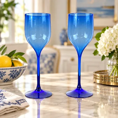 3633 Pair of Signed Cobalt Blue Stemmed Wine Glasses