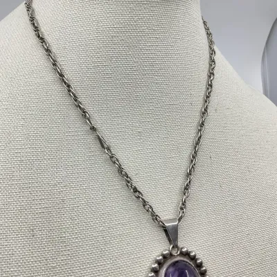 3020 Taxco Mexico Sterling Silver Carved Amethyst Face Pendant Necklace