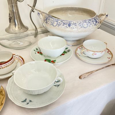 Assorted Antique Ceramic & Glass Tableware Set with Decanter and Tureen