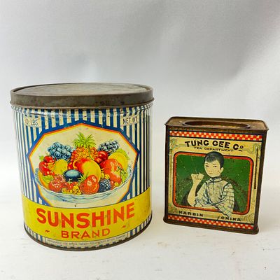 Vintage Sunshine Brand Fruit Tin & Tung Gee Co. Tea Tin - Set of 2