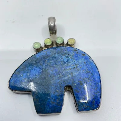 3018 Navajo Walter Stone & Veronica Yellowhorse Sterling Lapis Bear Pendant