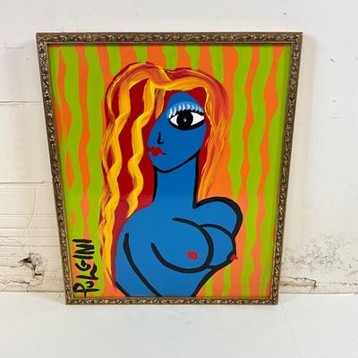 3687 Pulgini Signed Original Pop Art Painting – Blue Female Nude Portrait