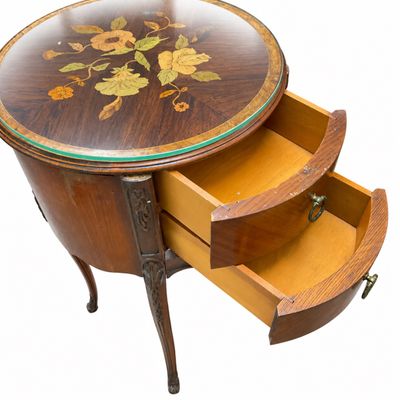 Vintage Inlaid Floral Marquetry Oval Side Table with Drawers