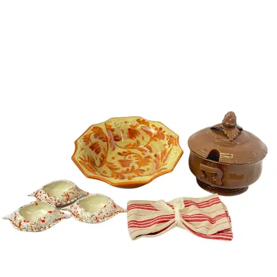 Italian Ceramic Serving Bowl, Covered Tureen, Crab Ramekins & Linens