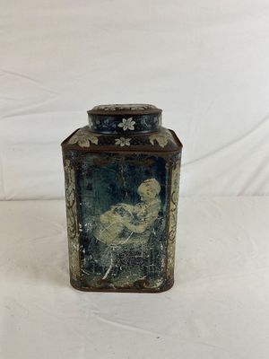 Antique Lithographed Tin Tea Caddy with Dutch Genre Scenes