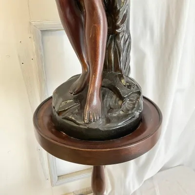 Art Nouveau Style Female Nude Sculpture with Drapery on Wooden Pedestal Stand